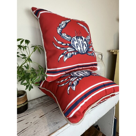 Vintage Nautical Crab On Red Canvas W/ Rope Piping 15” Throw Pillow 2 SIDED - Picture 8 of 9